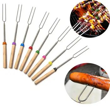 

8pcs Colorful Barbecue Extendable Forks Adjustable Wooden Handle Telescoping Skewers Roasting Hot Dog Roaster Sticks BBQ Tool