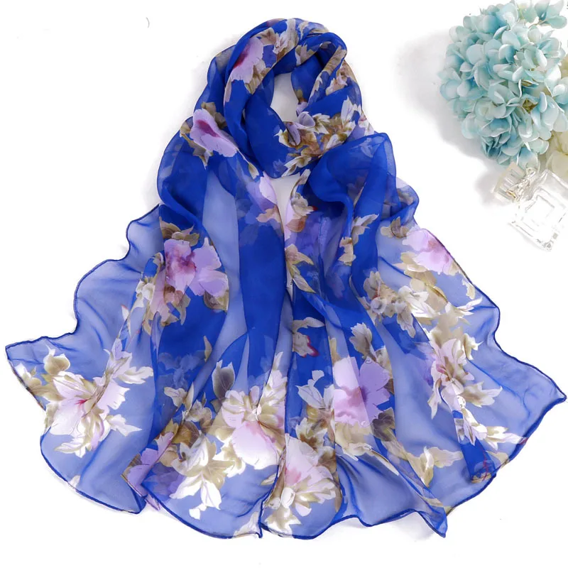 

Fashion Four Seasons Thin Soft Chiffon Women Peach Flower Printing Georgette Scarf Shawls Long Wraps Beach Sunscreen Hijab