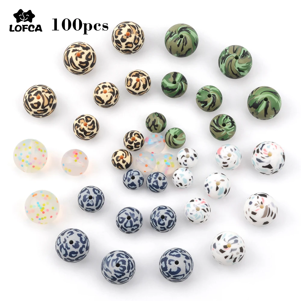 

LOFCA 100pcs Camo Silicone Beads Leopard 12/15/19mm Tie Die Baby Teether Dalmatian Terrazzo Hexagon Teething Beads DIY Jewelry