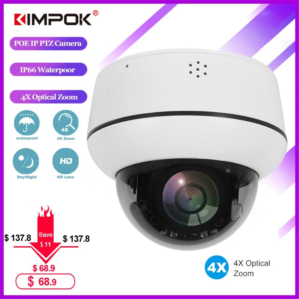 

KIMPOK H.265 1080P PTZ IP Camera 4X Zoom Mini Speed Dome Metal Outdoor Waterproof 2MP POE CCTV Security Onvif P2P IR 40M Camera