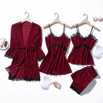 Sexy Lady Four Piece Pajamas Velour Strap Top Pants Sleepwear Sets Woman Home Wear Nightgown Suit Kimono Sleep Robe Bath Gown
Sexy Lady Four Piece Pajamas Velour Strap Top Pants Sleepwear Sets Woman Home Wear Nightgown Suit Kimono Sleep Robe Bath Gown