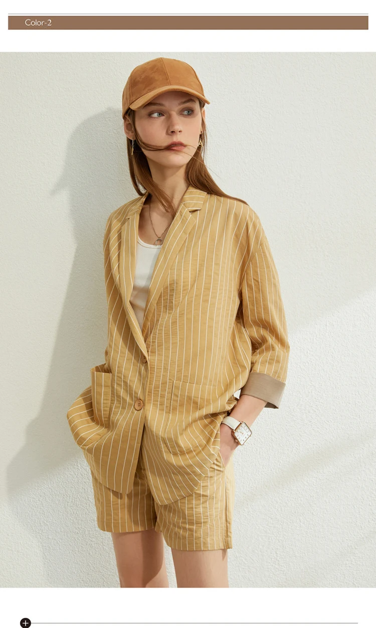 AMII Minimalism Spring Summer Suit Set Lapel Stripe Three Quarter Sleeves Suit Coat High Waist Shorts 12030238
