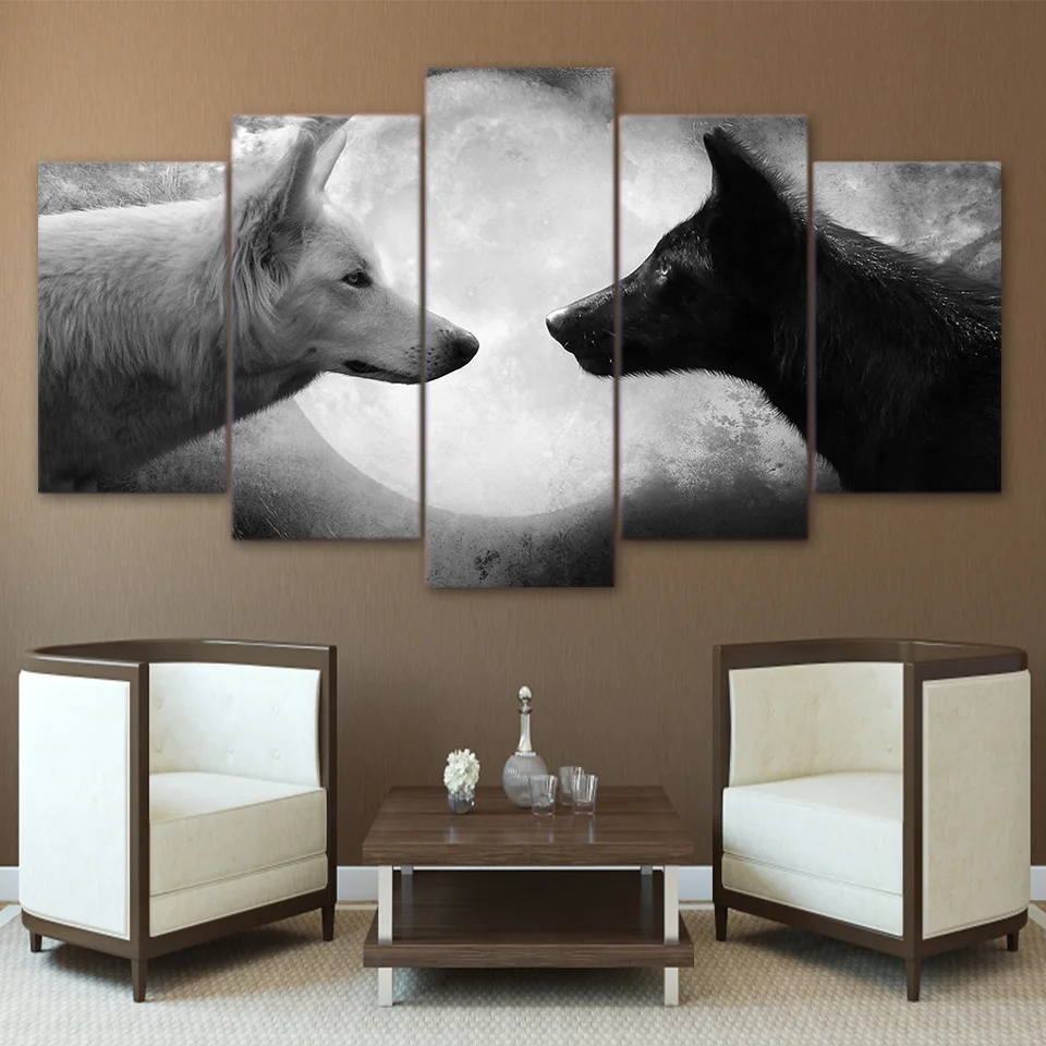 Современные куадрос украшения 5 штук черно-белые картина с изображением волков