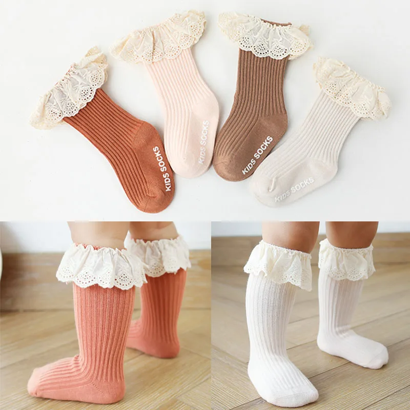 

Lioraitiin Baby Dressy Lace Socks Medium Tube Boneless Glue Non-slip Floor Hosiery Baby-Girls Eyelet Turn Cuff Ruffle Stockings