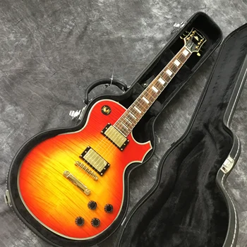 New electric guitar and suitcase, tiger flame top guitar sunburst color. Mahogany body. Gold hardware. Real photo 
New electric guitar and suitcase, tiger flame top guitar sunburst color. Mahogany body. Gold hardware. Real photo