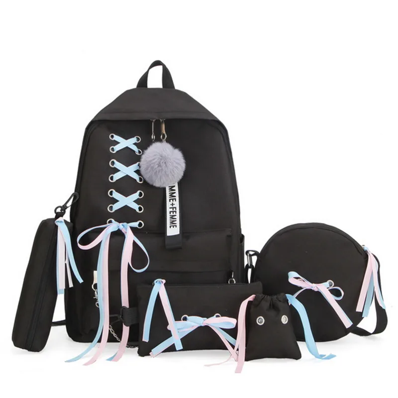 Backpack - 5pcs/set School Bag for Teenager Student Girls Women Canvas Backpack Bow Bundle Backpack Solid Mochila Backpack Schoolbag