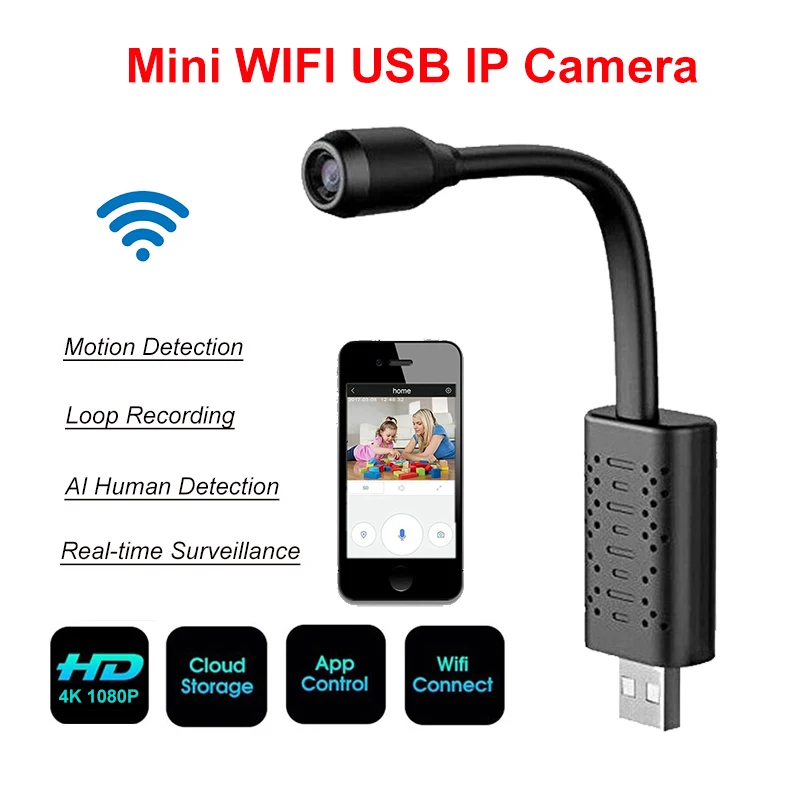 HD Smart Mini Wifi USB Camera Real-time Surveillance IP Camera AI Human Detection Loop Recording Mini camera Support Camcorder
HD Smart Mini Wifi USB Camera Real-time Surveillance IP Camera AI Human Detection Loop Recording Mini camera Support Camcorder