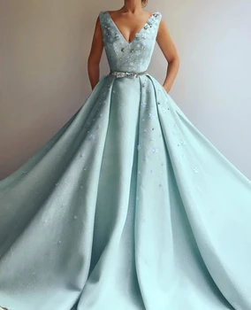 Sky Blue Muslim Evening Dresses 2019 A-line Deep V-neck Tulle Flowers Beaded Islamic Dubai Saudi Arabia Long Evening Gown Prom 
Sky Blue Muslim Evening Dresses 2019 A-line Deep V-neck Tulle Flowers Beaded Islamic Dubai Saudi Arabia Long Evening Gown Prom