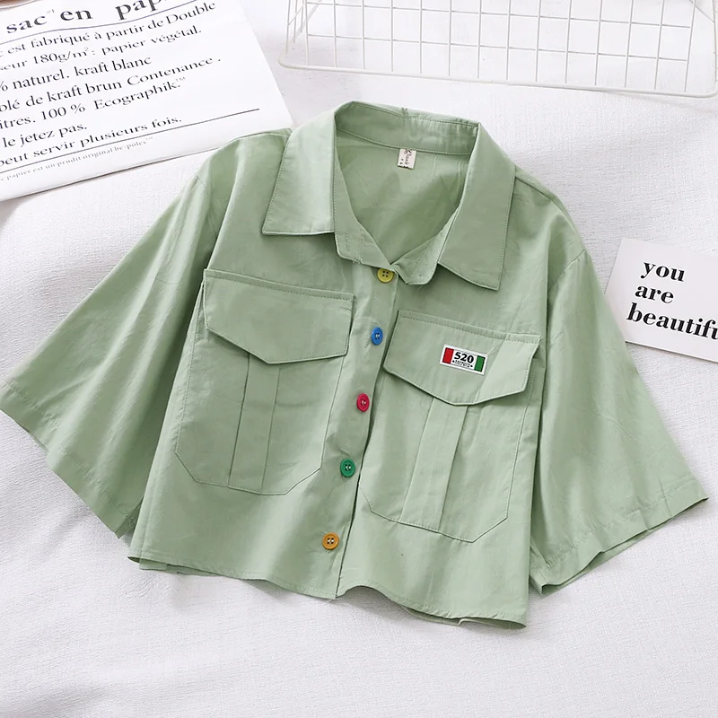 Harajuku Women Shirt Harajuku Short Sleeve Polo Collar Casual Cotton Preppy Top Girls Fashion Letter Embroidery Blusas Femininas