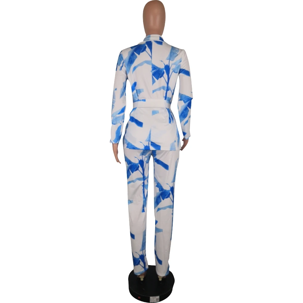 Vintage Women Pant Suit Leaves Print Casual Notched Blazer Jacket & Pant 2020 Autumn Sexy Office Wear Two Piece Set With Belt Vintage Women Pant Suit Leaves Print Casual Notched Blazer Jacket & Pant 2020 Autumn Sexy Office Wear Two Piece Set With Belt
