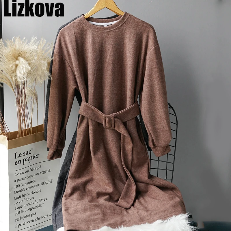 Dress Women Winter Vintage Gray O-neck Loose Long Dress Adjusted Waist Belt Lantern Sleeve Casual Warm Dress
Dress Women Winter Vintage Gray O-neck Loose Long Dress Adjusted Waist Belt Lantern Sleeve Casual Warm Dress
