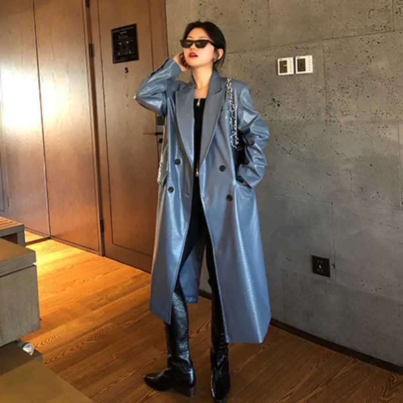 All-match Shiny Vintage Blue Crocodile Pattern Faux Leather Trench Coat Women Loose Long Fashion Casual Jackets Casaco Chaquetas
All-match Shiny Vintage Blue Crocodile Pattern Faux Leather Trench Coat Women Loose Long Fashion Casual Jackets Casaco Chaquetas