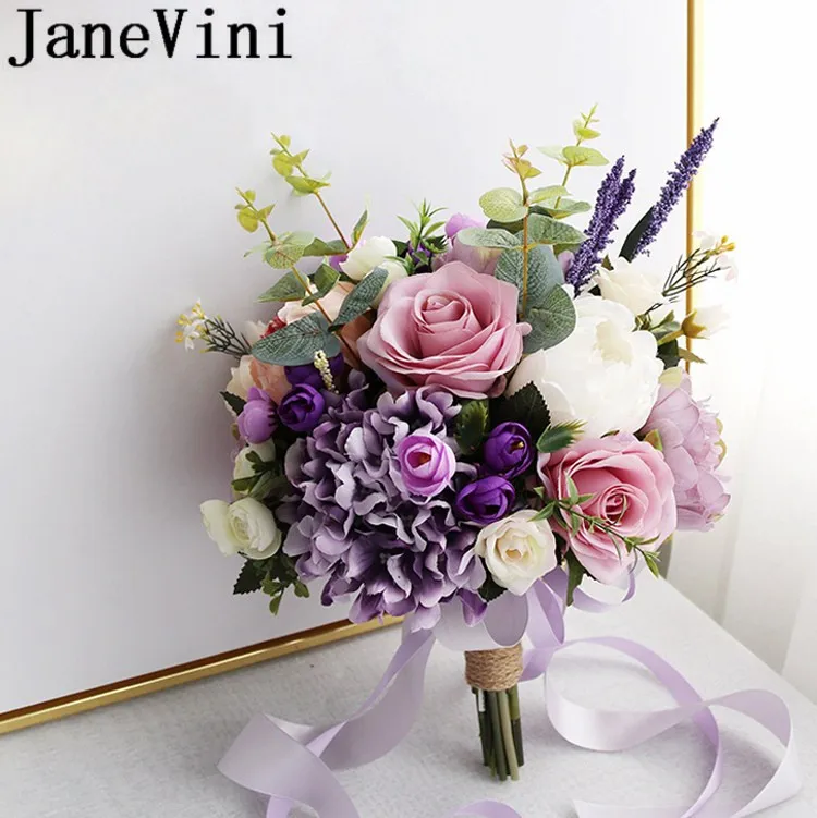 JaneVini Purple Artificial Wedding Flowers Bridal Bouquet Lavender Rose Mariage Romantic Bridesmaid Hand Holder Supplies | Свадьбы и