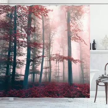 

Forest Shower Curtain Autumn Season Mystic Foggy Fall Nature and Enchanted Woods Wild Trees Print Bathroom Decor