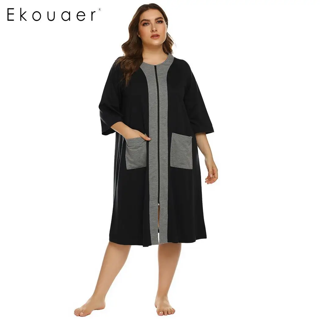 Ekouaer женская ночная рубашка размера плюс Халат на молнии с коротким рукавом и