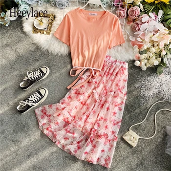 Women Sweet Two Piece Sets New 2020 Summer Bandage Tees Shirts Top + A Line Floral Chiffon Skirts Outfit Woman Beach 2 Pcs Set 
Women Sweet Two Piece Sets New 2020 Summer Bandage Tees Shirts Top + A Line Floral Chiffon Skirts Outfit Woman Beach 2 Pcs Set