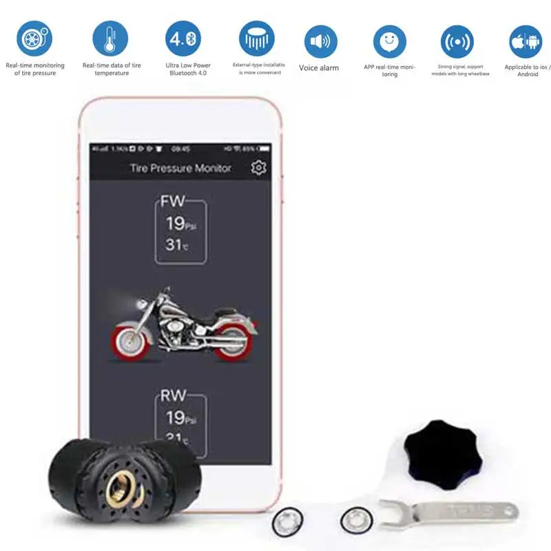 GIORDON Motorcycle TPMS wireless tire pressure monitoring system Mobile Phone APP bluetooth Android 2 External Sensors
GIORDON Motorcycle TPMS wireless tire pressure monitoring system Mobile Phone APP bluetooth Android 2 External Sensors