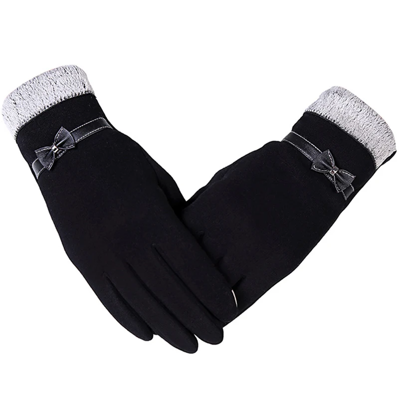 

1 Pair Women Cute Bow Full Finger Gloves Touch Screen Winter Warm Mittens Driving Ski Riding Windproof Gloves