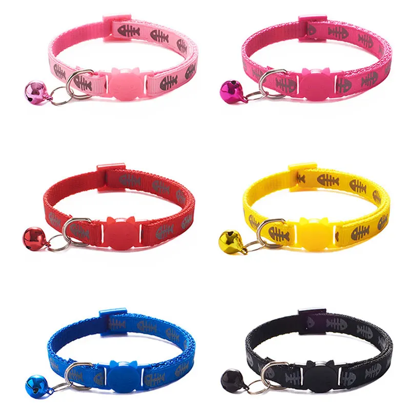 19-32cm 1.0cm Adjustable Cat Collar Cute Reflective Fishbone Print Nylon Pet Puppy Dog Collar with Bells For Small Medium Dog