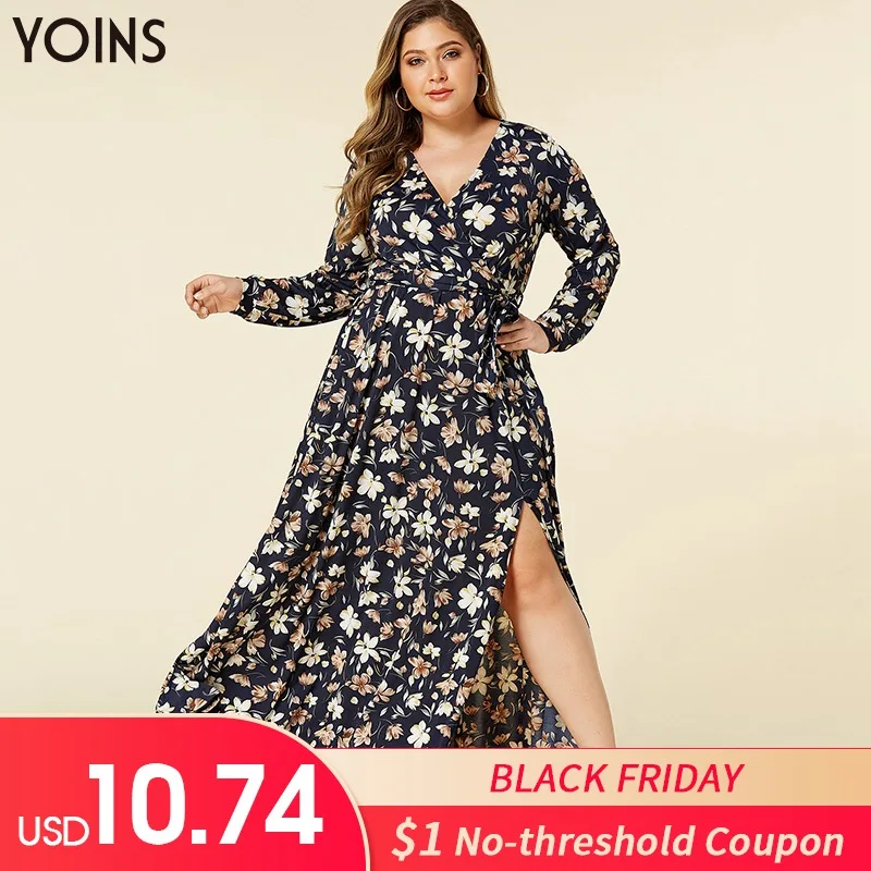 

YOINS 2019 Autumn Long Dress Split Floral Print Bohemian Beach Dress Tunic Maxi Dress Women Night Party Dress Sundress Vestidos