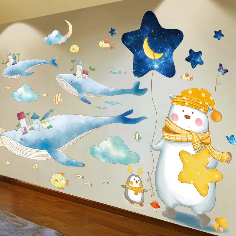 [SHIJUEHEZI] киты рыбы настенные наклейки DIY мультфильм Медведь с животными для дома