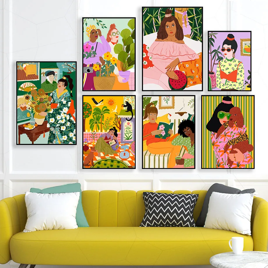 Vintage Abstract Colorful Girl Dog Flower Wall Art Canvas Painting Nordic Posters And Prints Wall Pictures For Living Room Decor