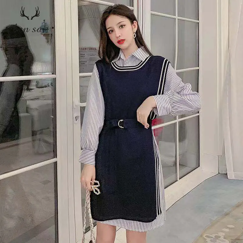 Ladies Fashion Striped Shirt O-neck Pullover Dress Sets Women Solid Belt Knitted Dresses Shirts Two-piece Casual Female Autumn
Ladies Fashion Striped Shirt O-neck Pullover Dress Sets Women Solid Belt Knitted Dresses Shirts Two-piece Casual Female Autumn