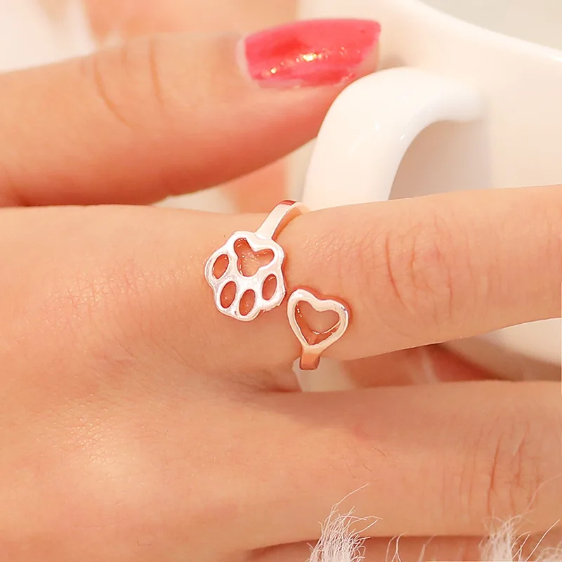 Fashion Jewelry Women's Ring cute Dog Paw/Heart Design Resizable Women Girls Rings 4Colors | Украшения и аксессуары