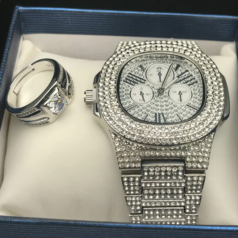 Luxury Men Watch Hip Hop Iced out Diamond Watch&Ring Combo Set Diamond Adjustable Ring Rock Rapper Men Jewelry Street Dance Gift
Luxury Men Watch Hip Hop Iced out Diamond Watch&Ring Combo Set Diamond Adjustable Ring Rock Rapper Men Jewelry Street Dance Gift