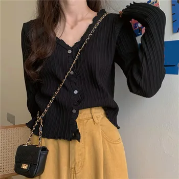 Knitted Ruched Women Short Cardigan Ruffles V-Neck Long Sleeve Solid Cardigans Female 2020 Autumn Preppy Sweet Girls Outwear
Knitted Ruched Women Short Cardigan Ruffles V-Neck Long Sleeve Solid Cardigans Female 2020 Autumn Preppy Sweet Girls Outwear