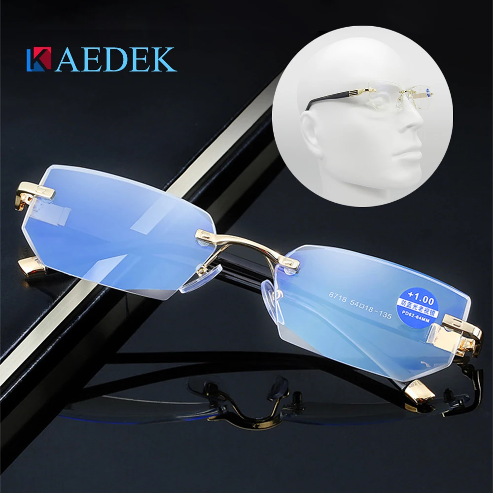 

KAEDEK Anti Blue Ray Reading Glasses Women Dimond Cutting Rimless Eyewear Men Anti Fatigue Hyperopia Presbyopic +1 1.5 2 2.5 3