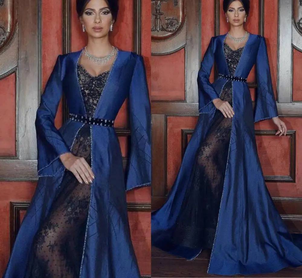 

2020 Navy Prom Dresses With Long Jacket Sweetheart Lace Appliques Formal Evening Dress A Line Arabic Special Robes De Soirée