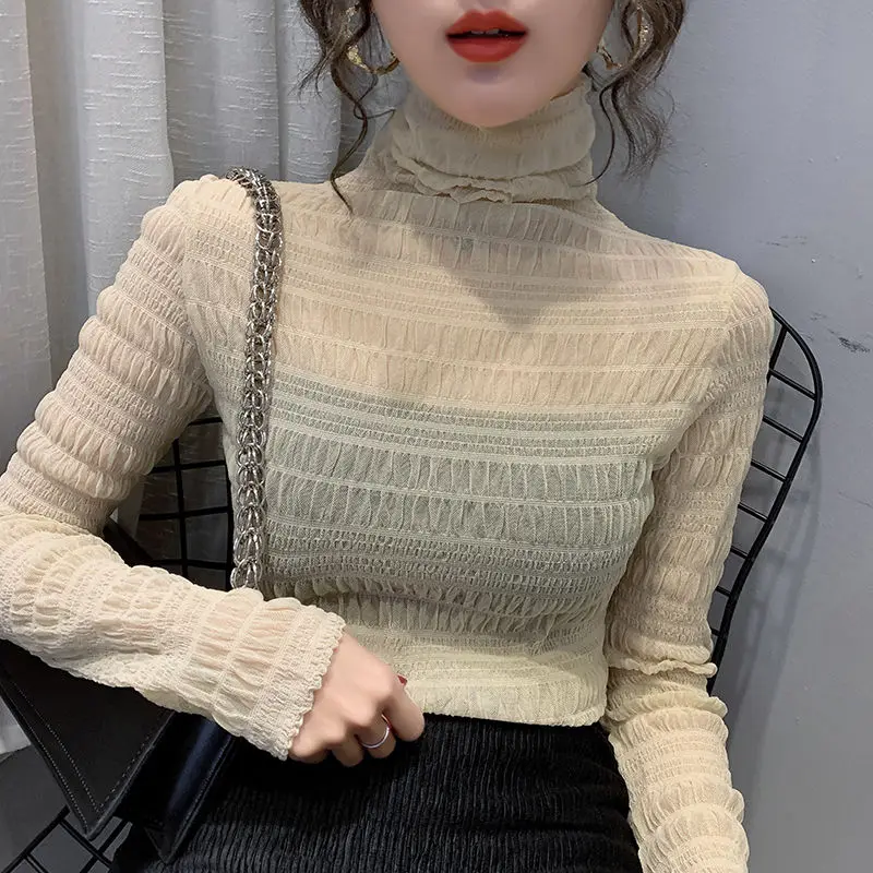 Spring Women Mesh Blouse Shirts Ladies Summer Fashion Sexy See-through Full Sleeve Soild Color Elastic Blouses Elegant Tops
