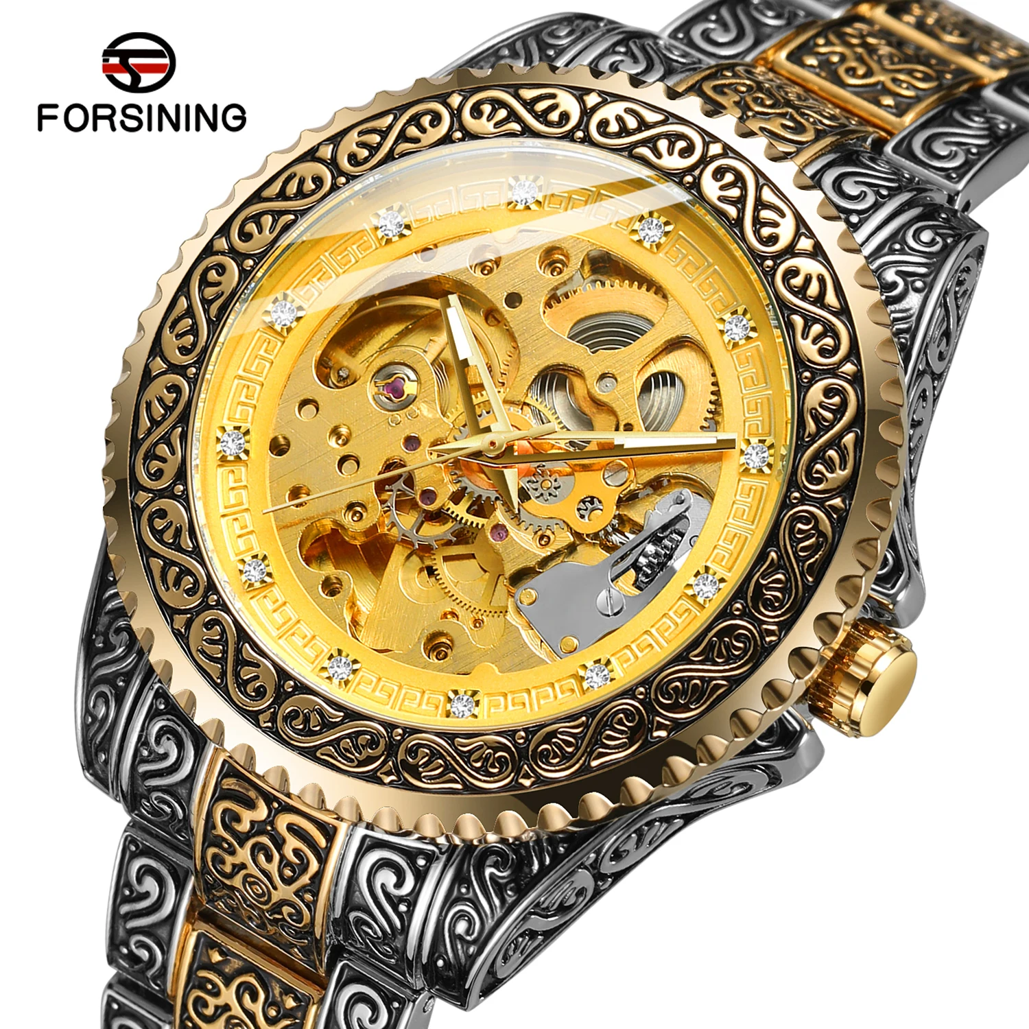 

Forsining Men Mechanical Wristwatches Automatic Male Bracelet Homme Man Luxury Vintage Diamond Skeleton Watch For Men's Gift