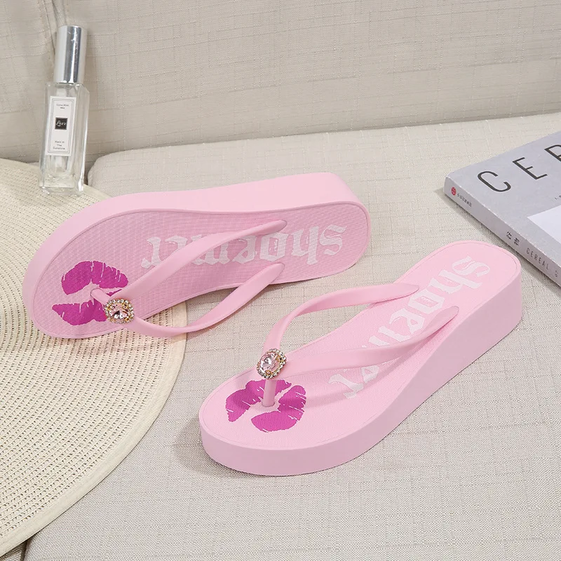 

2019 New Style Creative Sandals Women's Summer Fashion Outer Wear Slanted Heel Thick Bottomed Beach Semi-high Heeled Flip-flops