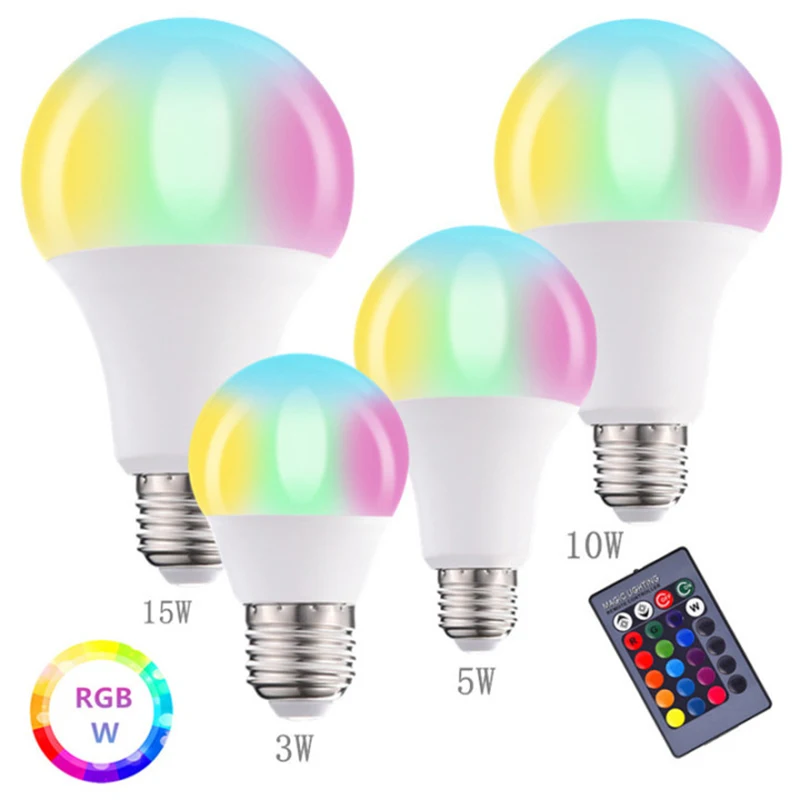 

E27 RGB White Light Bulb 85-265V Color Change Dimmable With Remote Controller 3W 5W 10W 15W Atmosphere Bulb