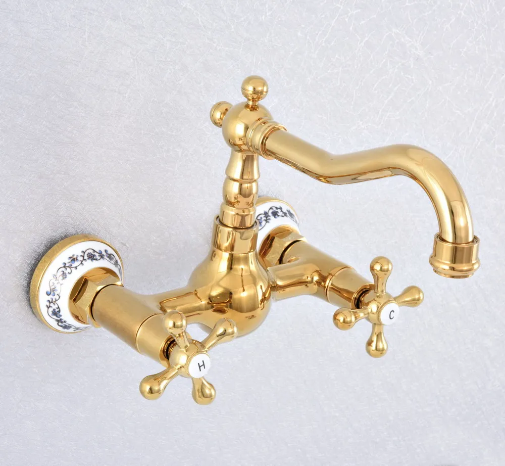 

Golden Brass Swivel Spout Kitchen Sink Faucet / Wall Mounted Dual Cross Handles Bathroom Basin Mixer Taps zsf619