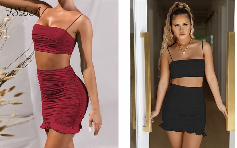 FSDA Summer 2020 Women Set Spaghetti Strap Crop Top White Sexy And Mini Bodycon Skirt Ruffles Party Outfit Club Two Piece Sets