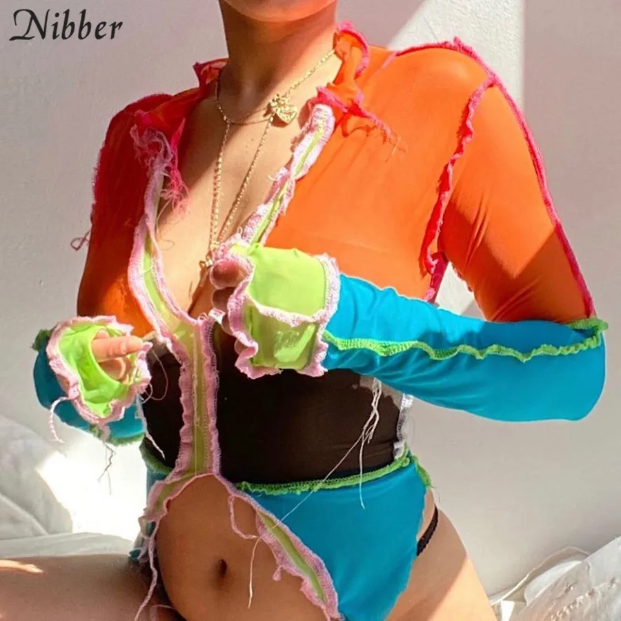 FREE SHIPPING See Through Crop Tops Patchwork JKP4345
