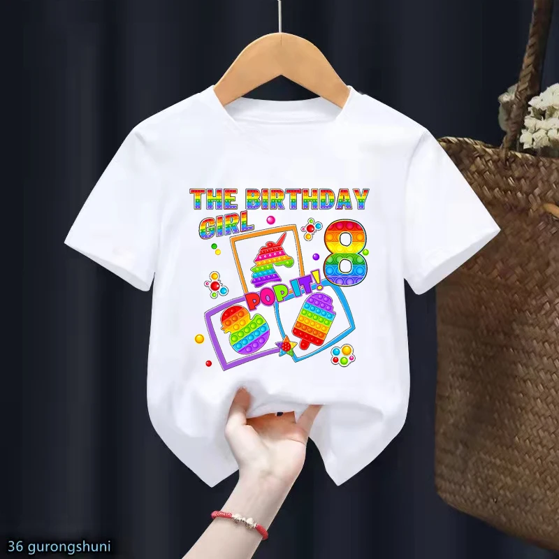 

8th The Birthday Girl Pop It Graphic Print Tshirt For Girls Rainbow Unicorn/Ice Cream T-Shirt Kawaii Kids Clothes Summer Tops