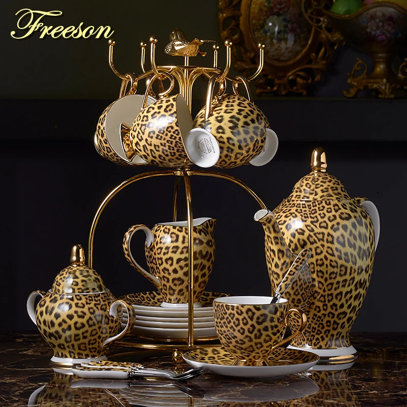Leopard Print Bone China Coffee Set Luxury Porcelain Tea Pot Cup Ceramic Mug Sugar Bowl Creamer Teapot Drinkware Coffeeware | Дом и сад