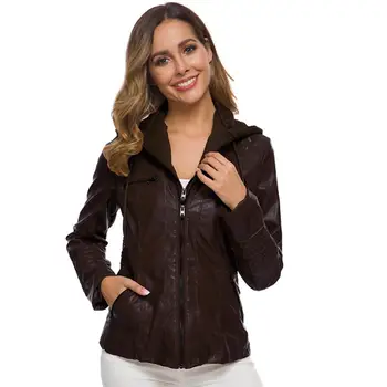 Plus Size Women Solid Color Slim Fite Hooded Long Sleeve Faux Leather Jacket Coat 
Plus Size Women Solid Color Slim Fite Hooded Long Sleeve Faux Leather Jacket Coat