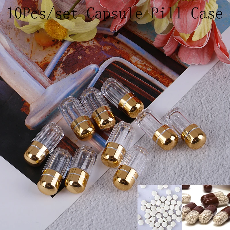 10PC Capsule Pill Box Empty Gelatin Capsules Transparent Gel Caps WaterProof Mini Plastic Bottle Case Holder Gold | Красота и