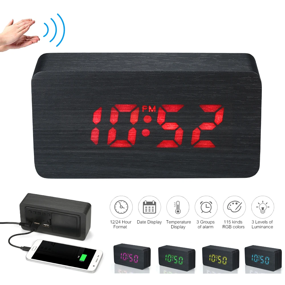 USB/Battery Digital Alarm Clock 115-Color RGB LED Clock Temperature/Date Display 3-Level Brightness Voice Control Alarm Clock
USB/Battery Digital Alarm Clock 115-Color RGB LED Clock Temperature/Date Display 3-Level Brightness Voice Control Alarm Clock