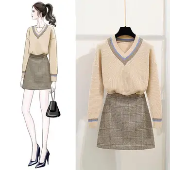 2020 Spring Autumn Women V-Neck Long Sleeve Pullover Sweater And Plaid Wool Mini Skirts Suits Sets Female Casual 2 pcs Set N325
2020 Spring Autumn Women V-Neck Long Sleeve Pullover Sweater And Plaid Wool Mini Skirts Suits Sets Female Casual 2 pcs Set N325