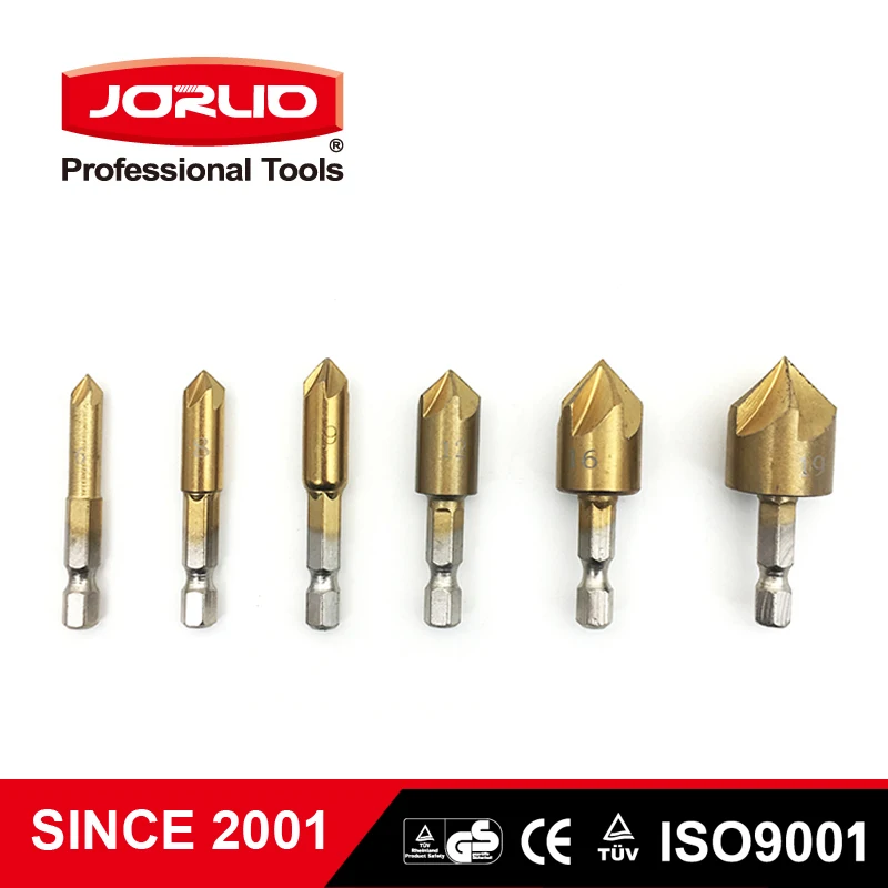 6PCS 5 Flute Chamfer Countersink Set 1/4" Hex shank Hss Wood Chamfering Cutter 6/8/9/12/16/19mm Countersink Drill bit
6PCS 5 Flute Chamfer Countersink Set 1/4" Hex shank Hss Wood Chamfering Cutter 6/8/9/12/16/19mm Countersink Drill bit