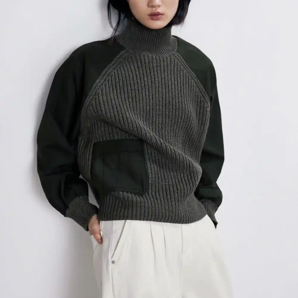 agong casual patchwork sweaters women fashion loose turtleneck