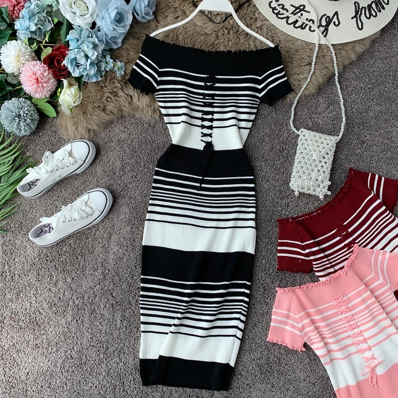 2019 Women Autumn Striped Dress Elegant Office Lady Lace-up Slash neck Short Sleeve Knee-Length Knitting Vestidos 
2019 Women Autumn Striped Dress Elegant Office Lady Lace-up Slash neck Short Sleeve Knee-Length Knitting Vestidos