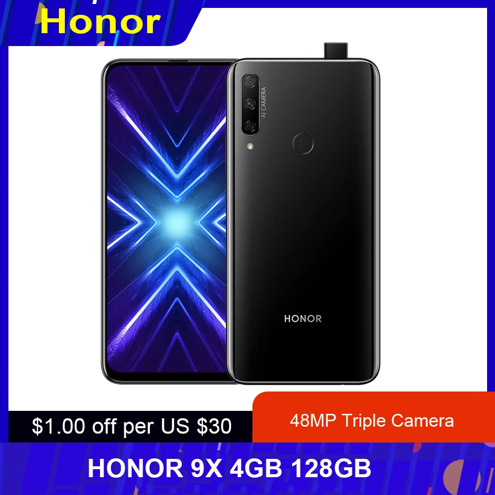Смартфон Honor 9X с глобальной версией 6 59 дюйма Turbo 3 0 4 Гб 128 ГБ 48мп AI тройная камера 4000