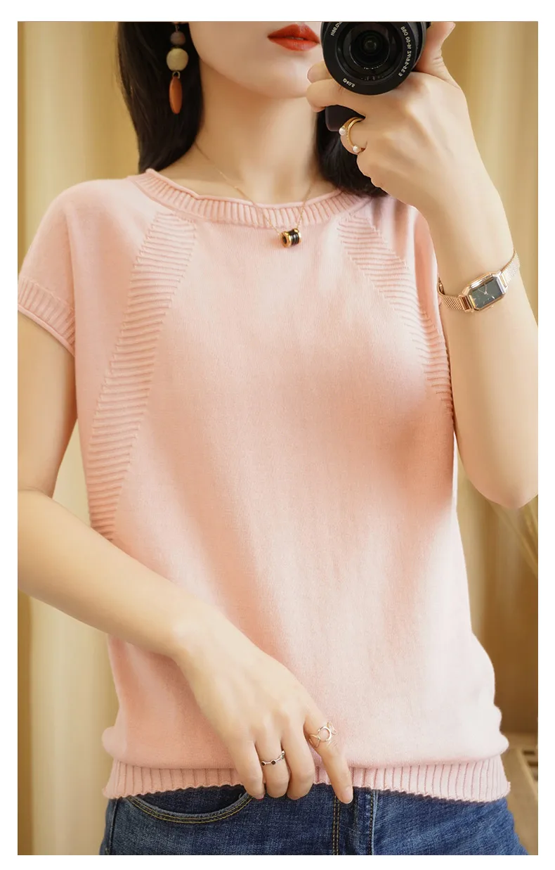 Summer Women's Sweaters fashion O-Neck Short Sleeve Female Pullover 100% Cotton Knitted Tops Soft Health Clothes Pull Femme Cool Summer Women's Sweaters fashion O-Neck Short Sleeve Female Pullover 100% Cotton Knitted Tops Soft Health Clothes Pull Femme Cool